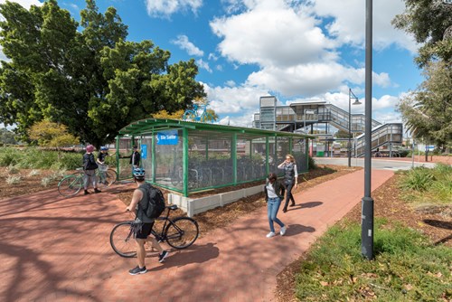 Image of a secure bike shelter at a Transperth train station